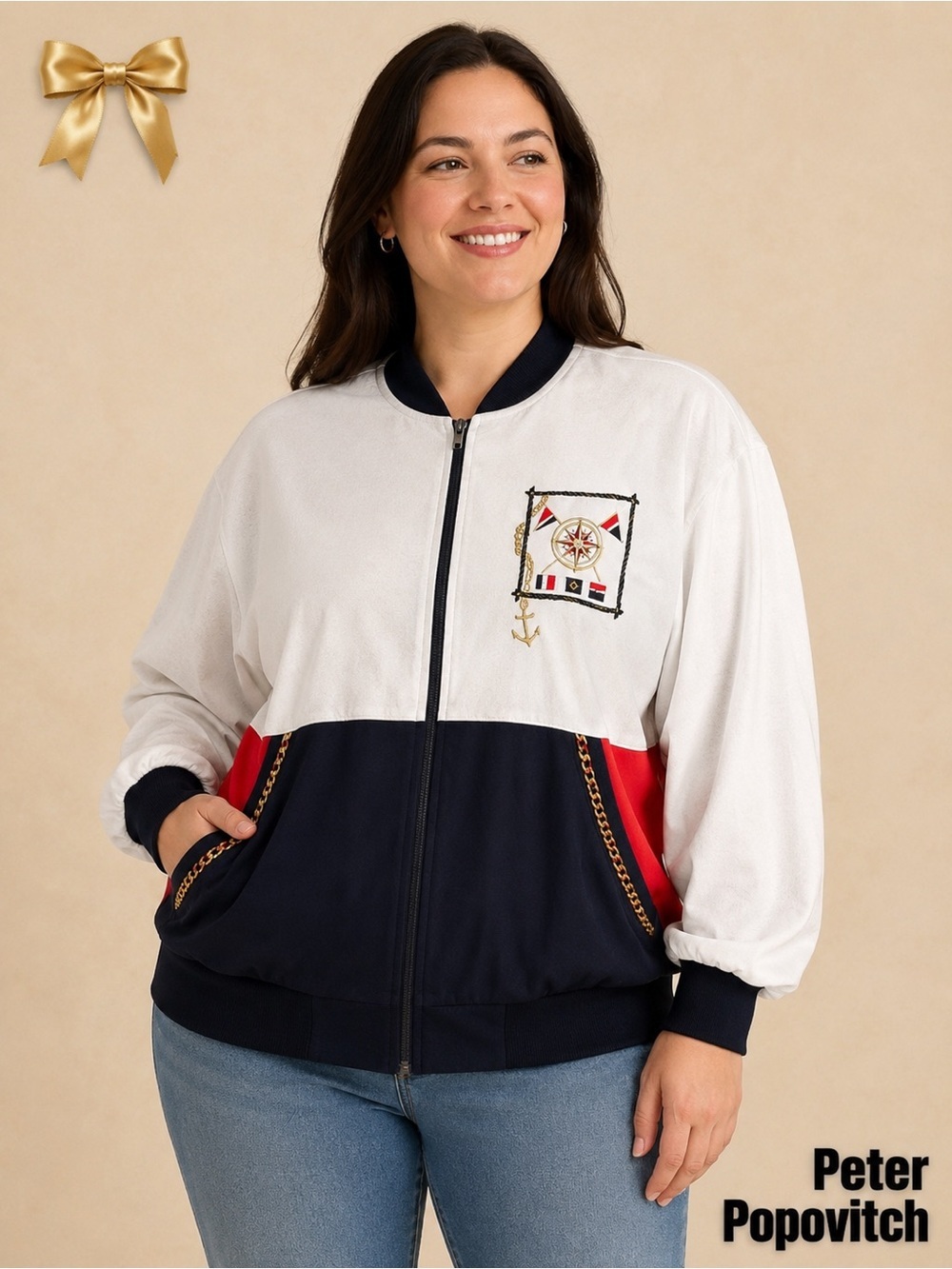 Peter Popovitch Vintage Nautical Colorblock Zip Jacket Embroidered 1X